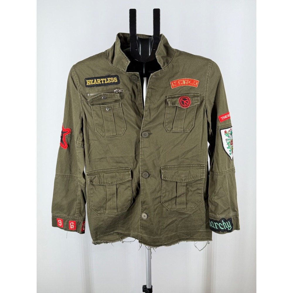 Elan Olive Green Military Patch Utility Jacket Punk Heartless Anarchy S